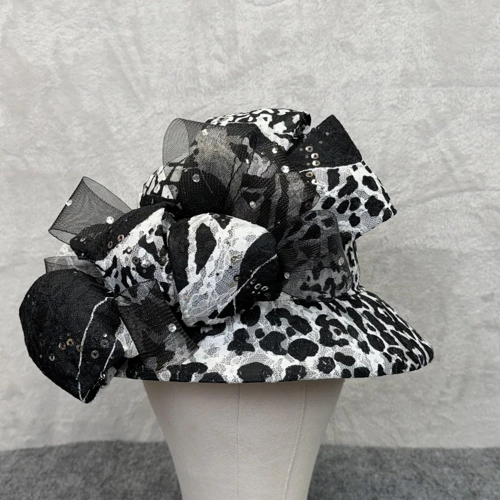 NIGHT STUDIO Hat Cloche Womens Church Kentucky Derby Black Animal‎ Print Sequin